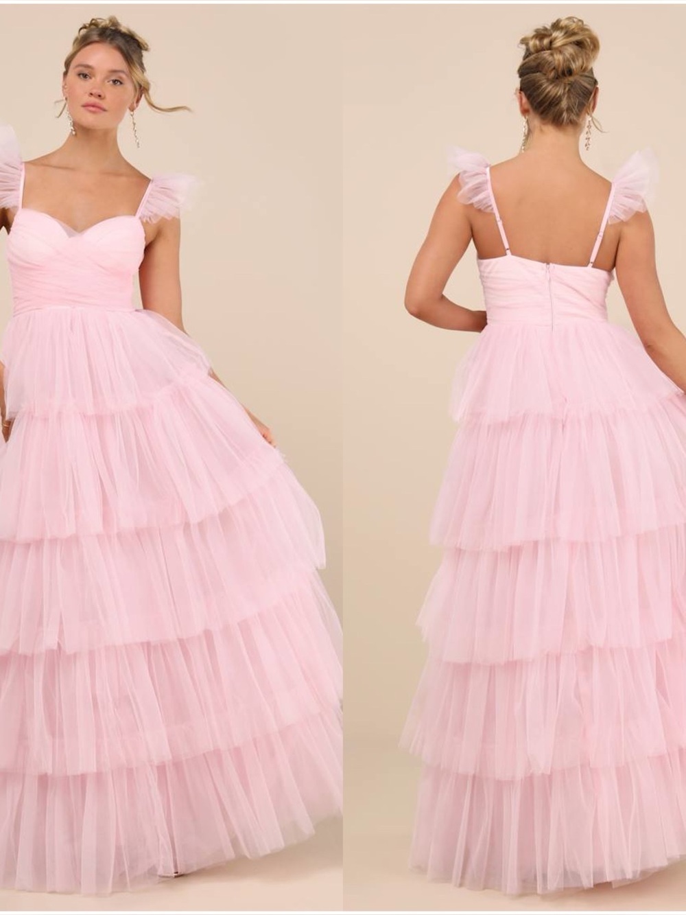 LULUS Fabulous Poise Light Pink Tulle Ruffled Tiered Maxi Dress